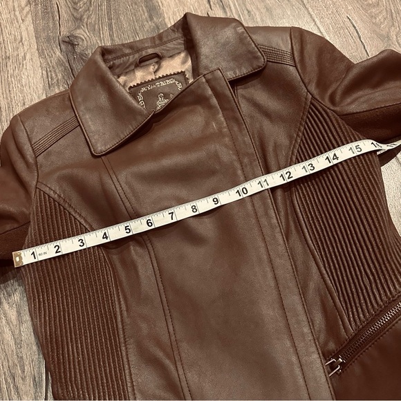 My Tribe Leather Moto Jacket Brown Full Zip Asymmetric Hem Biker Rocker XS Y2K - Picture 15 of 16